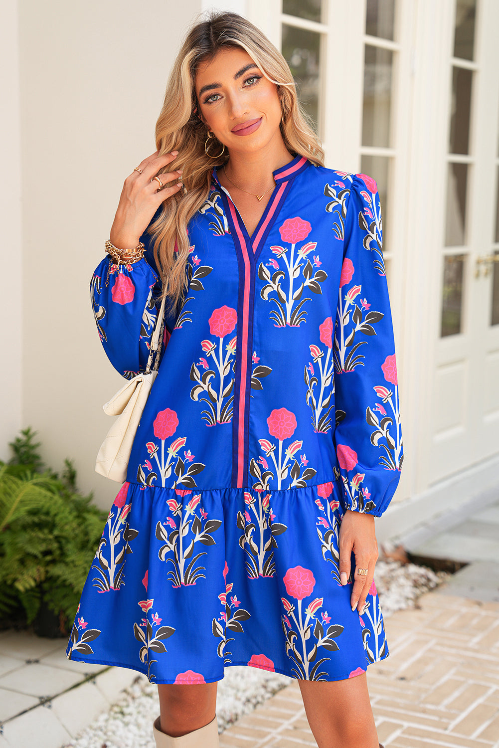 White Floral Print V Neck Mini Dress
