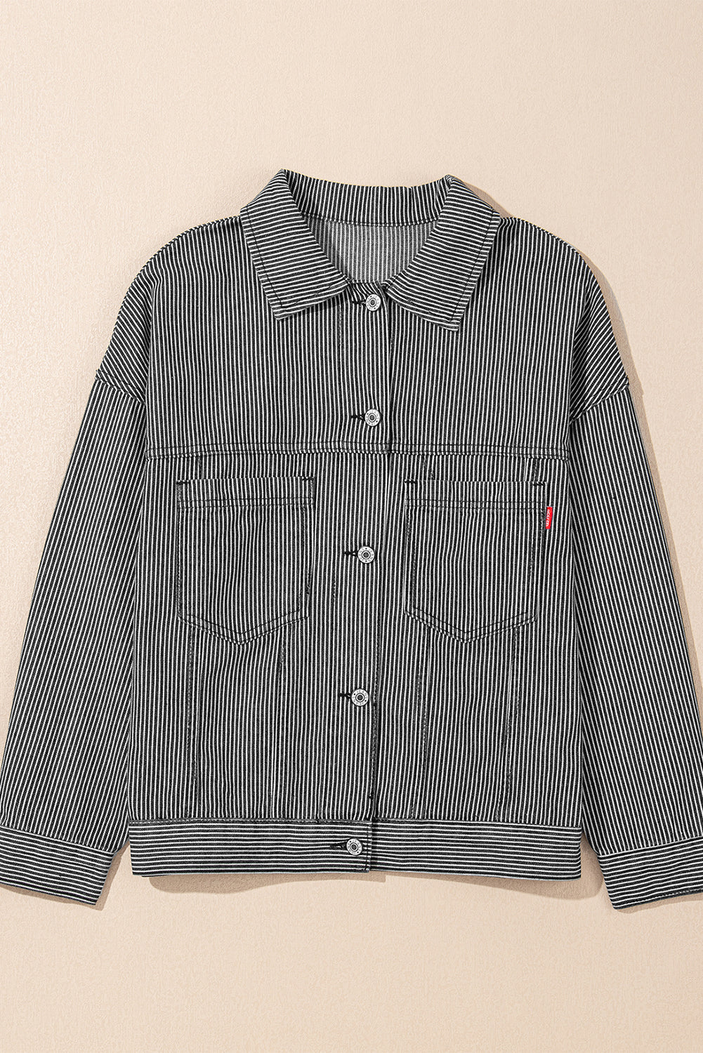 Sky Blue Stripe Washed Oversized Pocketed Denim Jacket