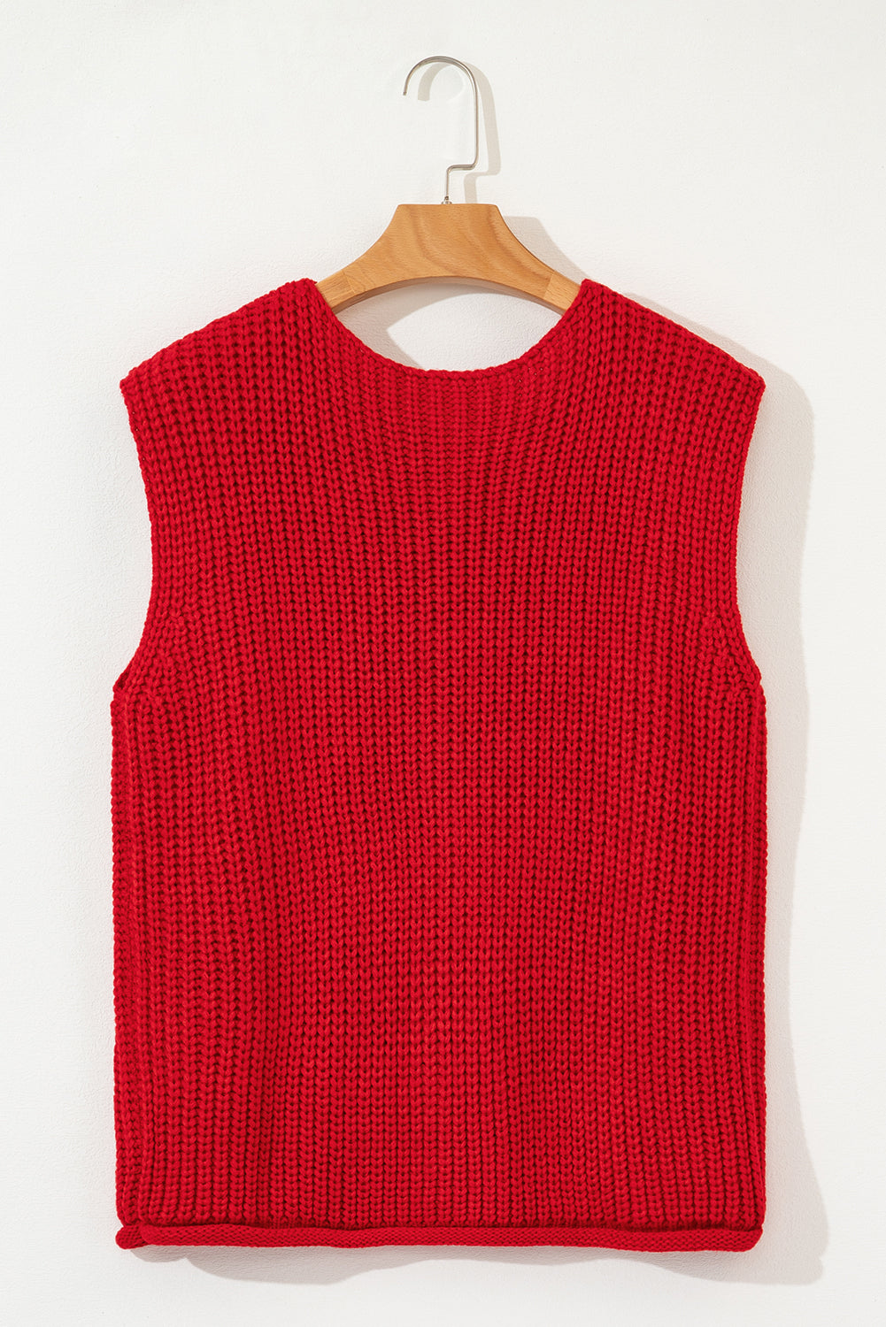 Red Solid Textured Knit Side Pockets Buttoned Sweater Vest