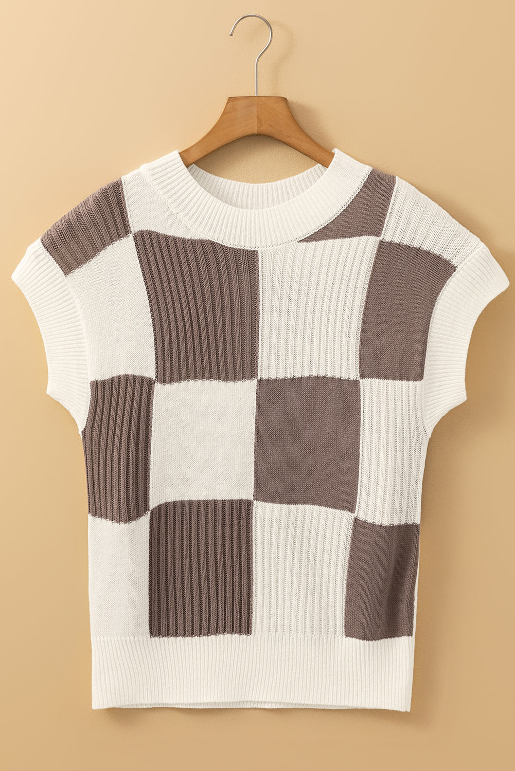 Khaki Checkered Crew Neck Short Sleeve Sweater