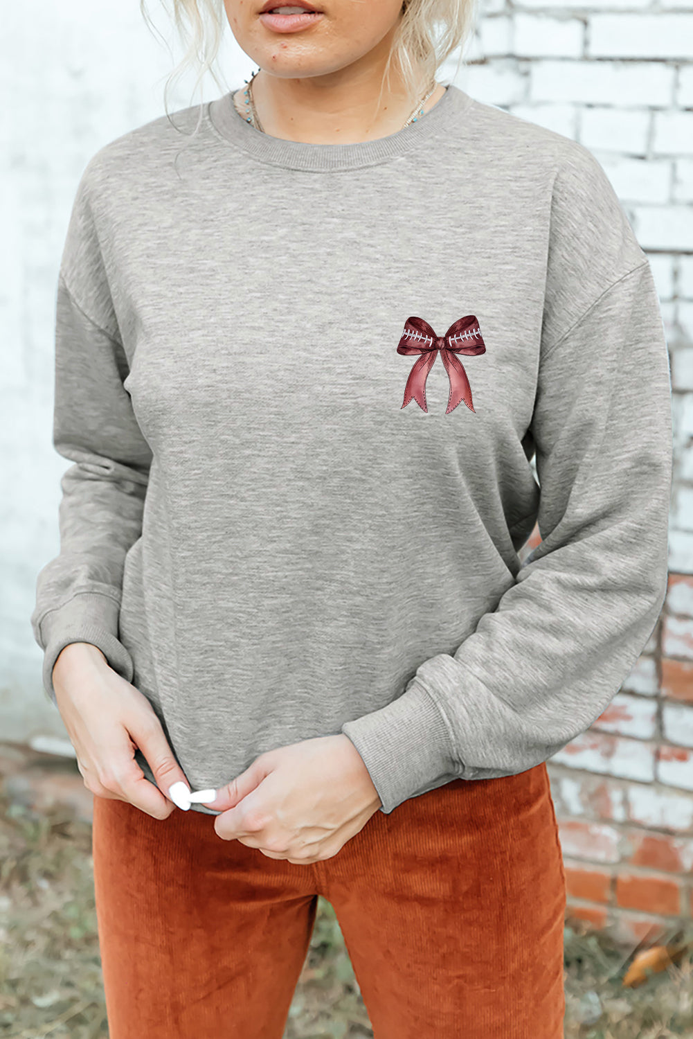Gray Football Bow Print Pullover Sweatshirt