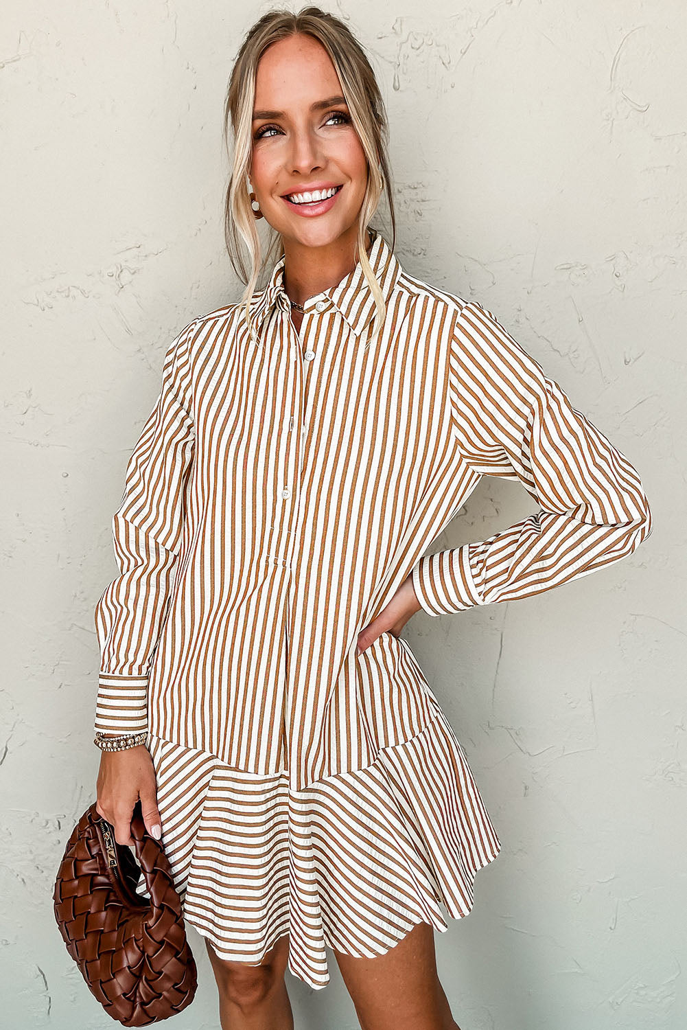 Brown Long Sleeve Shirt Mini Dress