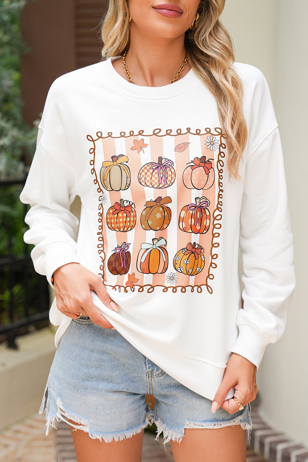 White Fall Bow Pumpkin Graphic Sweatshirt