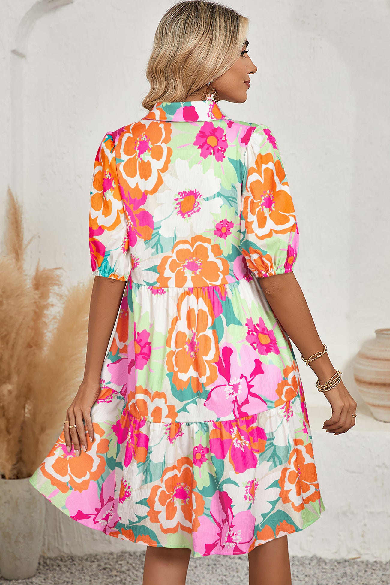 Green Floral Puff Sleeve Dress