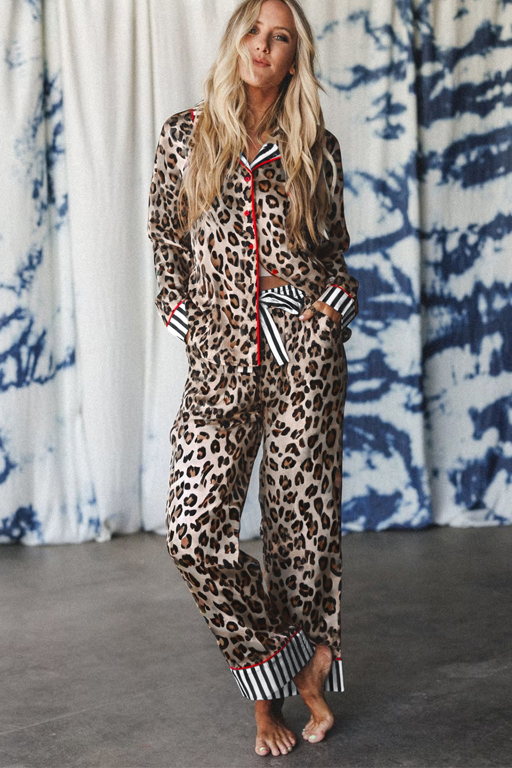 Leopard Print Striped Patchwork Shirt and Pants Pajama Set