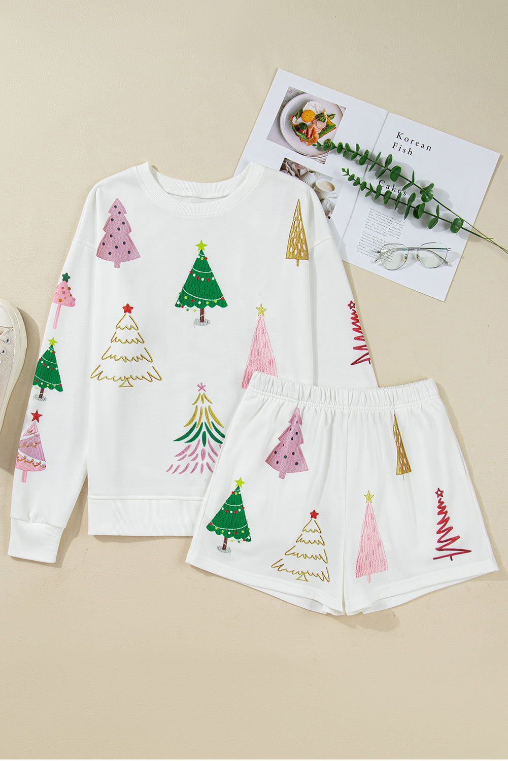 White Christmas Tree Long Sleeve Top and Shorts Pajama Set