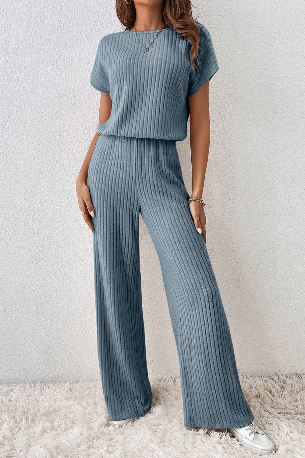 Blue Ribbed Short Sleeve Wide Leg Jumpsuit