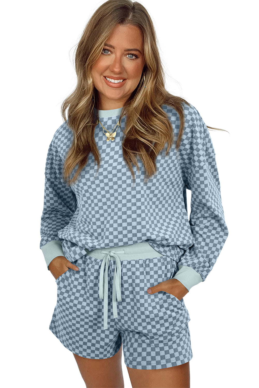 Brown Checkerboard Long Sleeve Pullover and Shorts Set