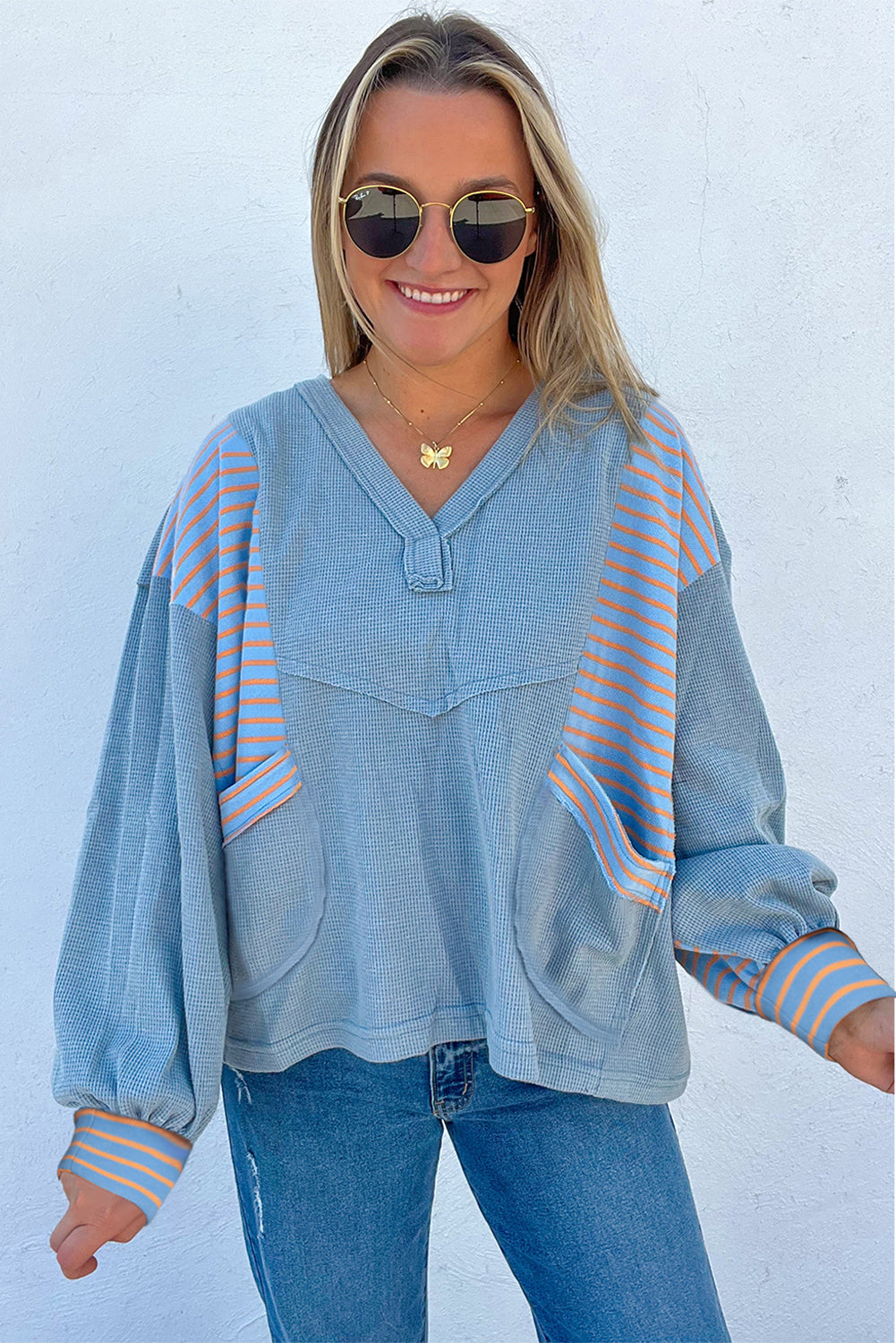 Blue Seam Waffle Striped Patchwork Baggy Pullover