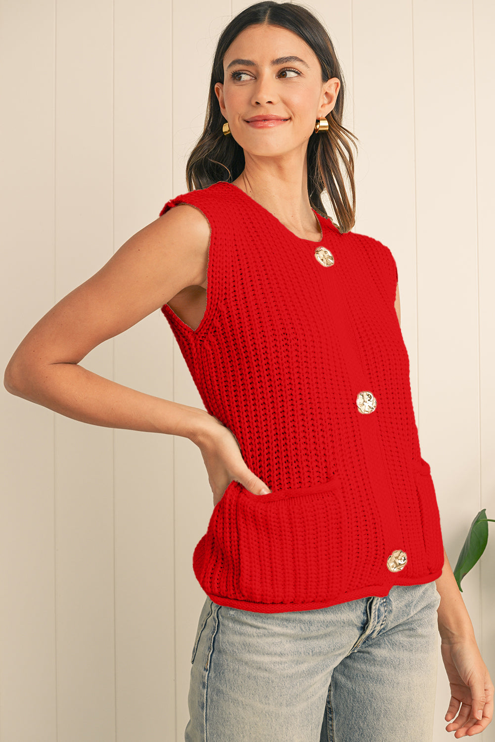 Red Solid Textured Knit Side Pockets Buttoned Sweater Vest