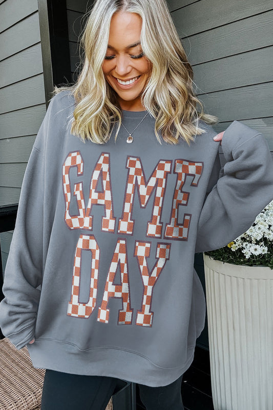 GAME DAY Checkered Letter Graphic Oversized Sweatshirt