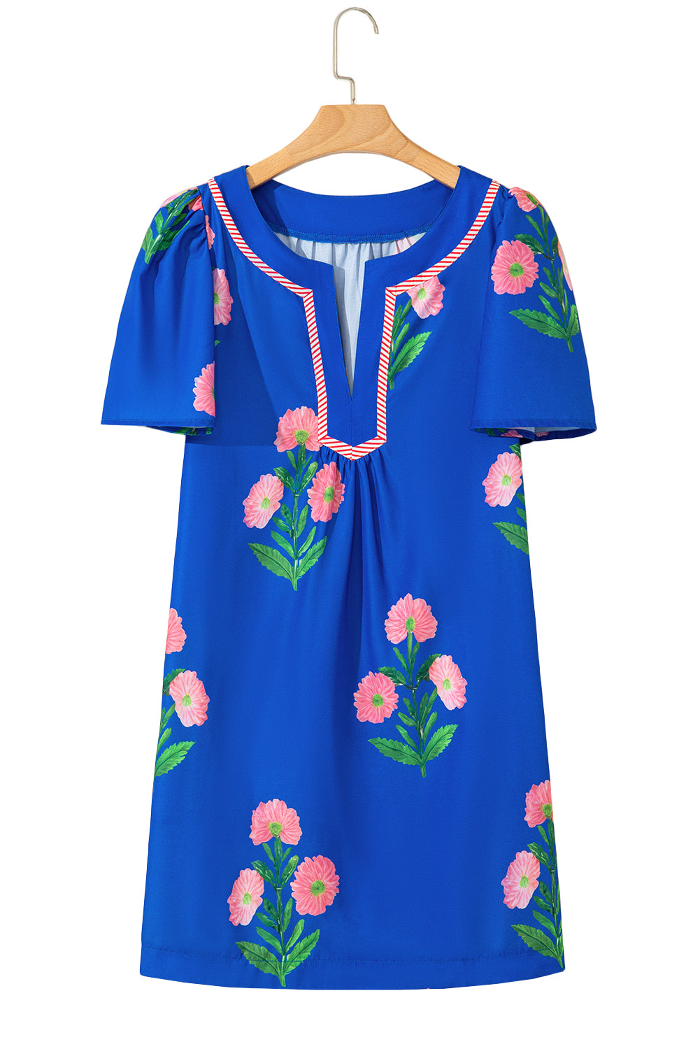 Short Sleeve Split Neck Floral Mini Dress