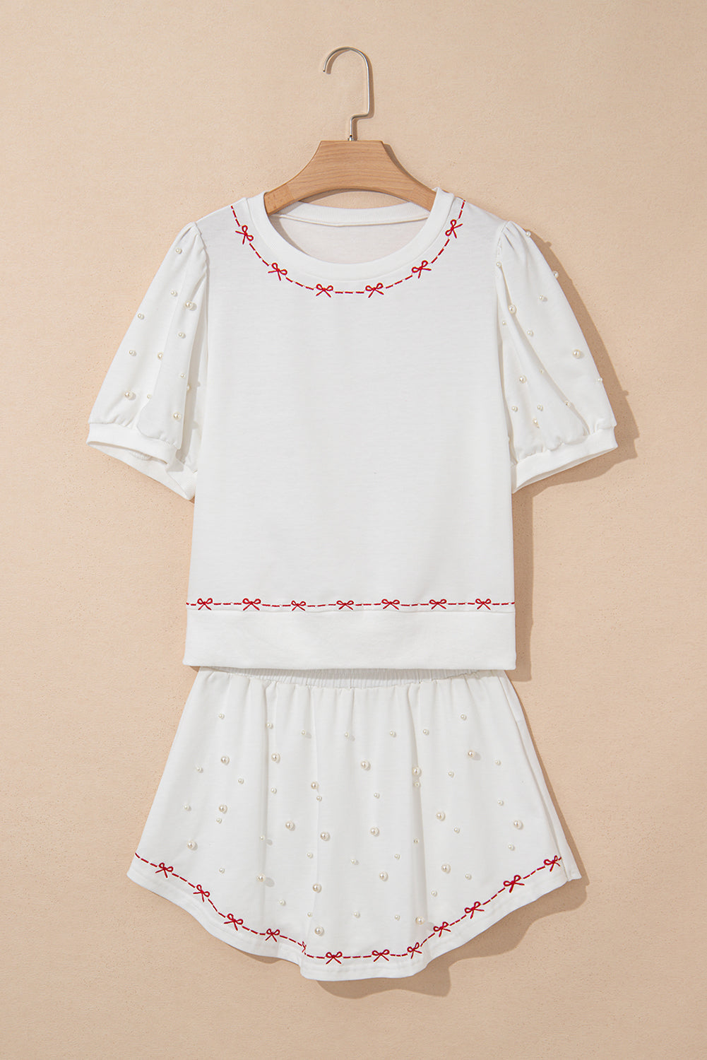 Pink Bow Trim Pearl Blouse and Skort Set