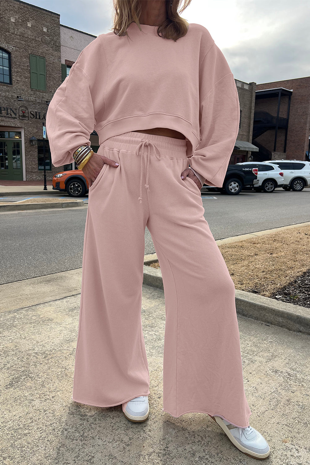 Light Pink Crop Pullover Drawstring Wide Leg Pants Set