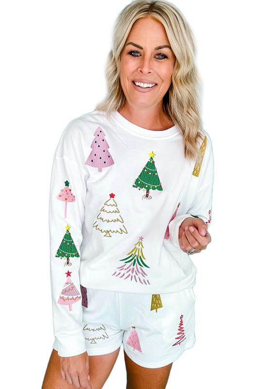 White Christmas Tree Long Sleeve Top and Shorts Pajama Set