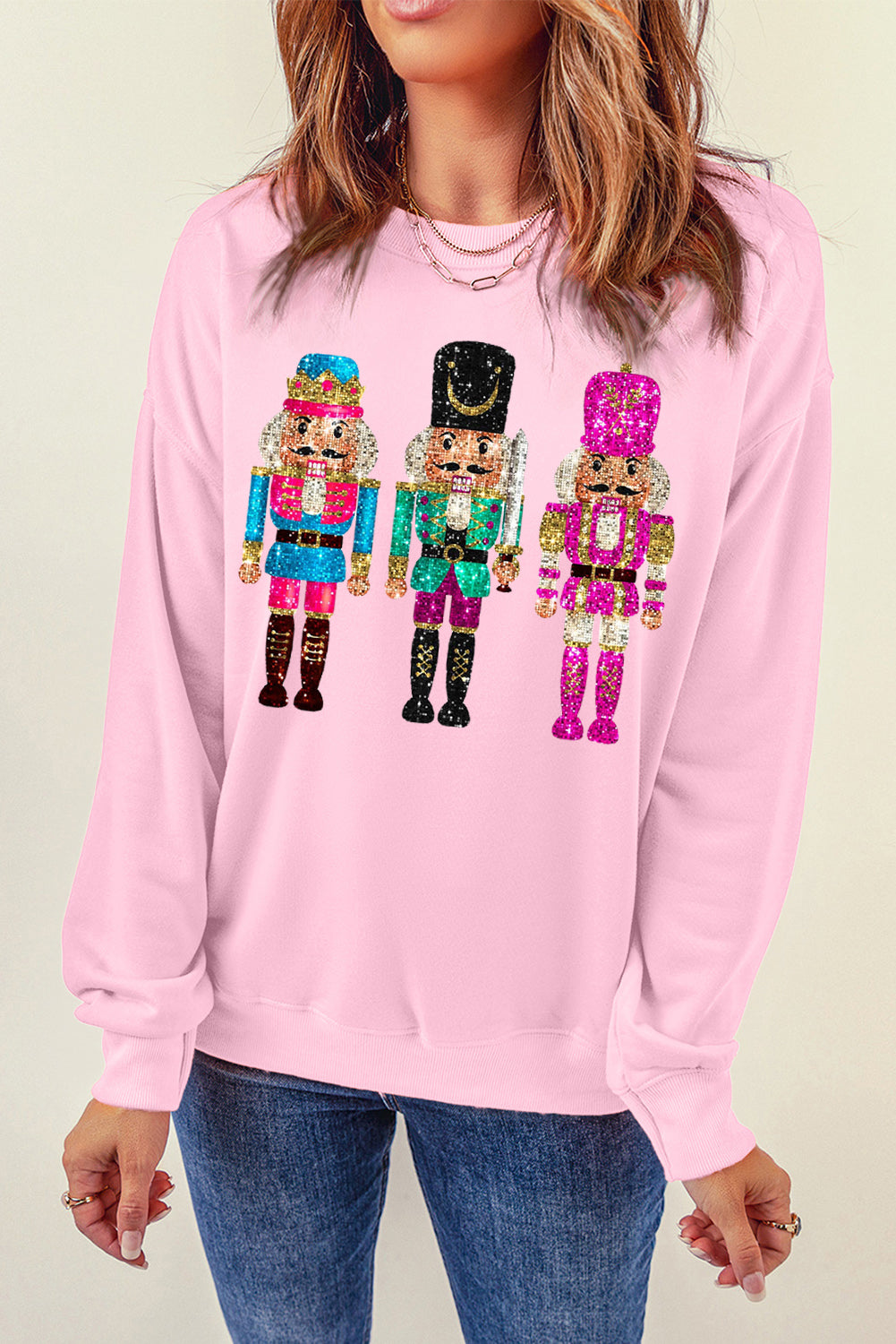 Pink Nutcracker Graphic Drop Shoulder Christmas Sweatshirt