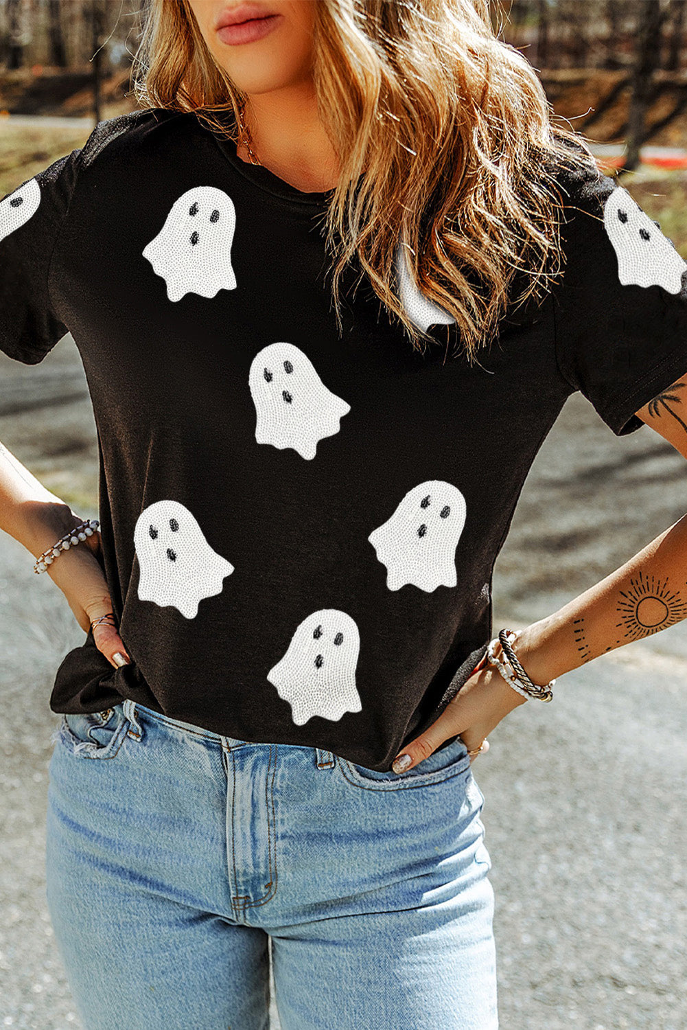 Pink Halloween Ghost Patched Casual T Shirt