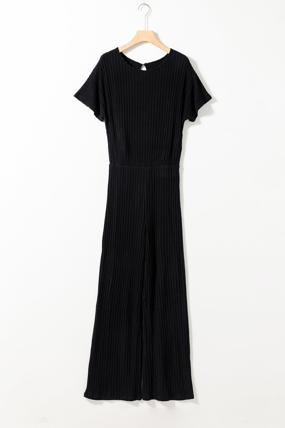 Blue Ribbed Short Sleeve Wide Leg Jumpsuit
