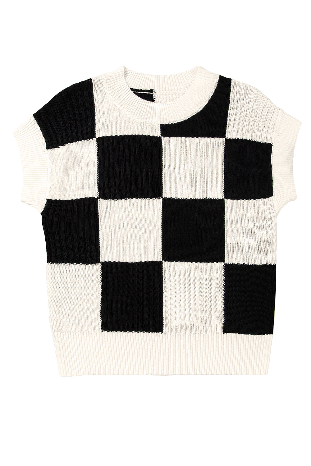 Khaki Checkered Crew Neck Short Sleeve Sweater