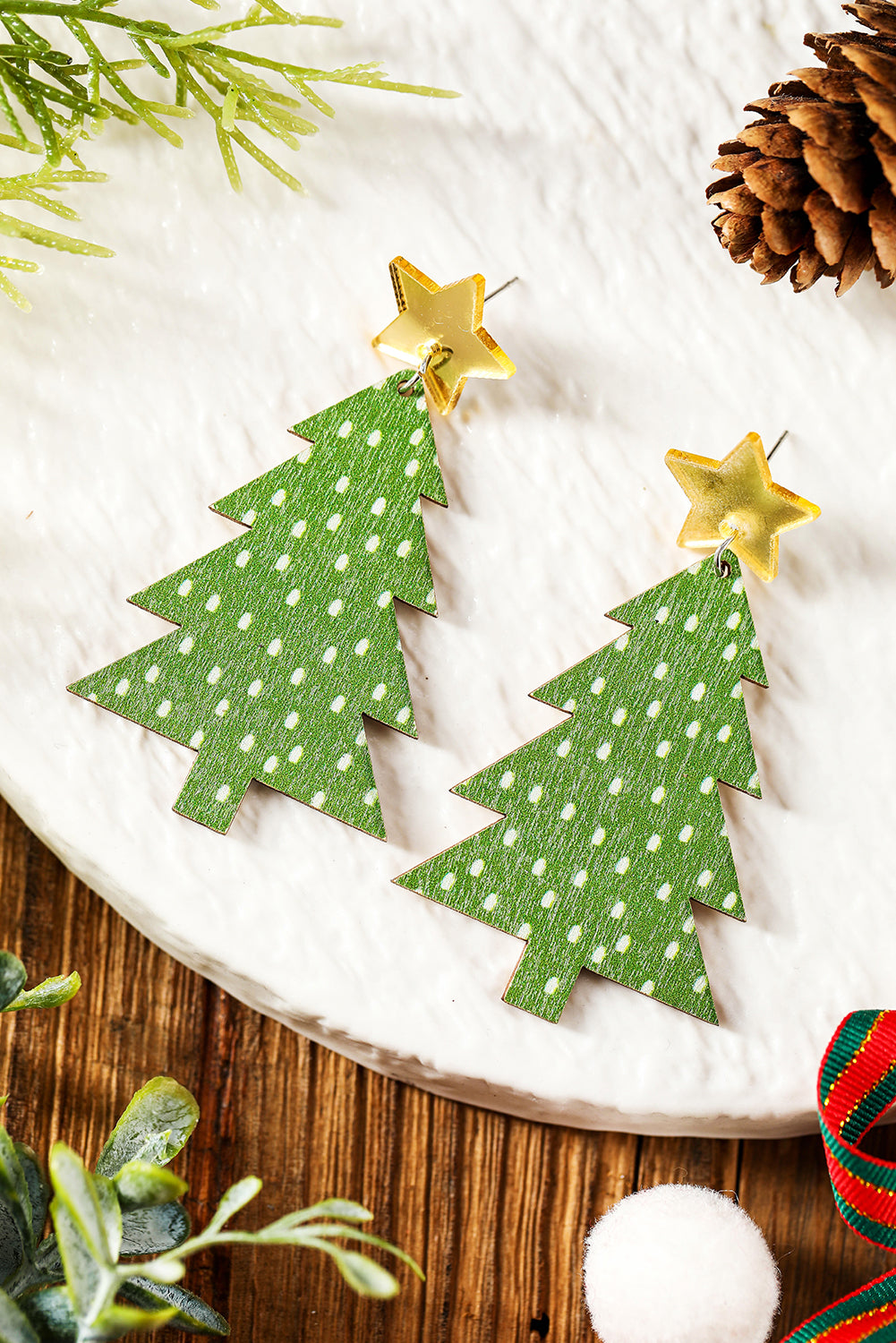 Green Polka Dot Print Christmas Tree Dangle Earrings