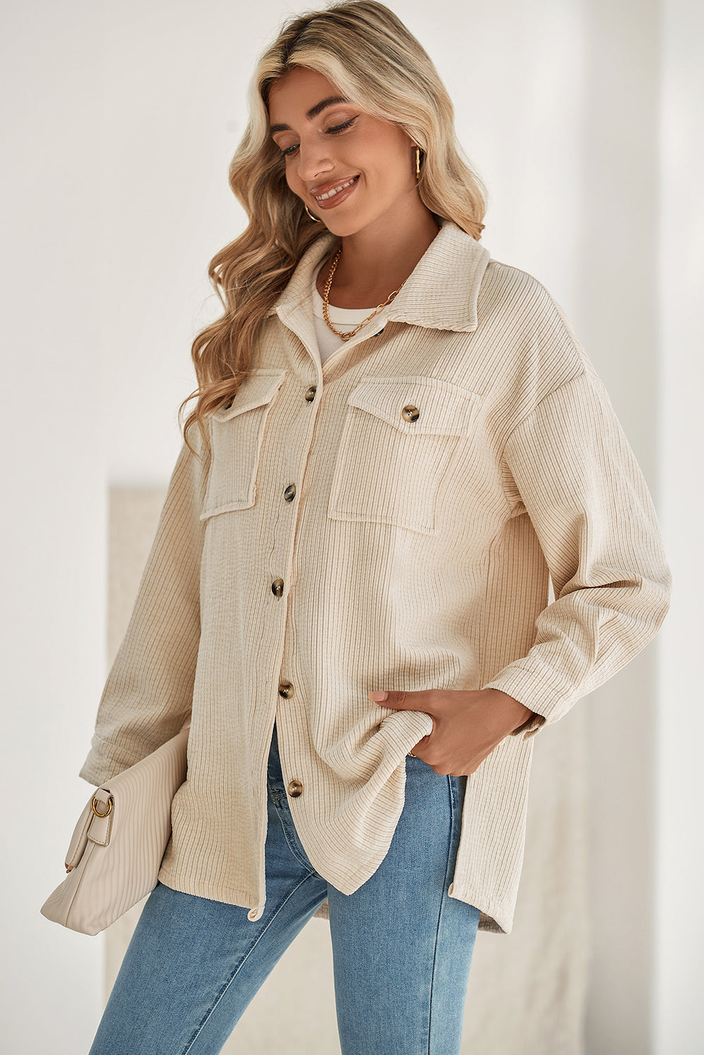 Oatmeal Corduroy Button Up Shacket