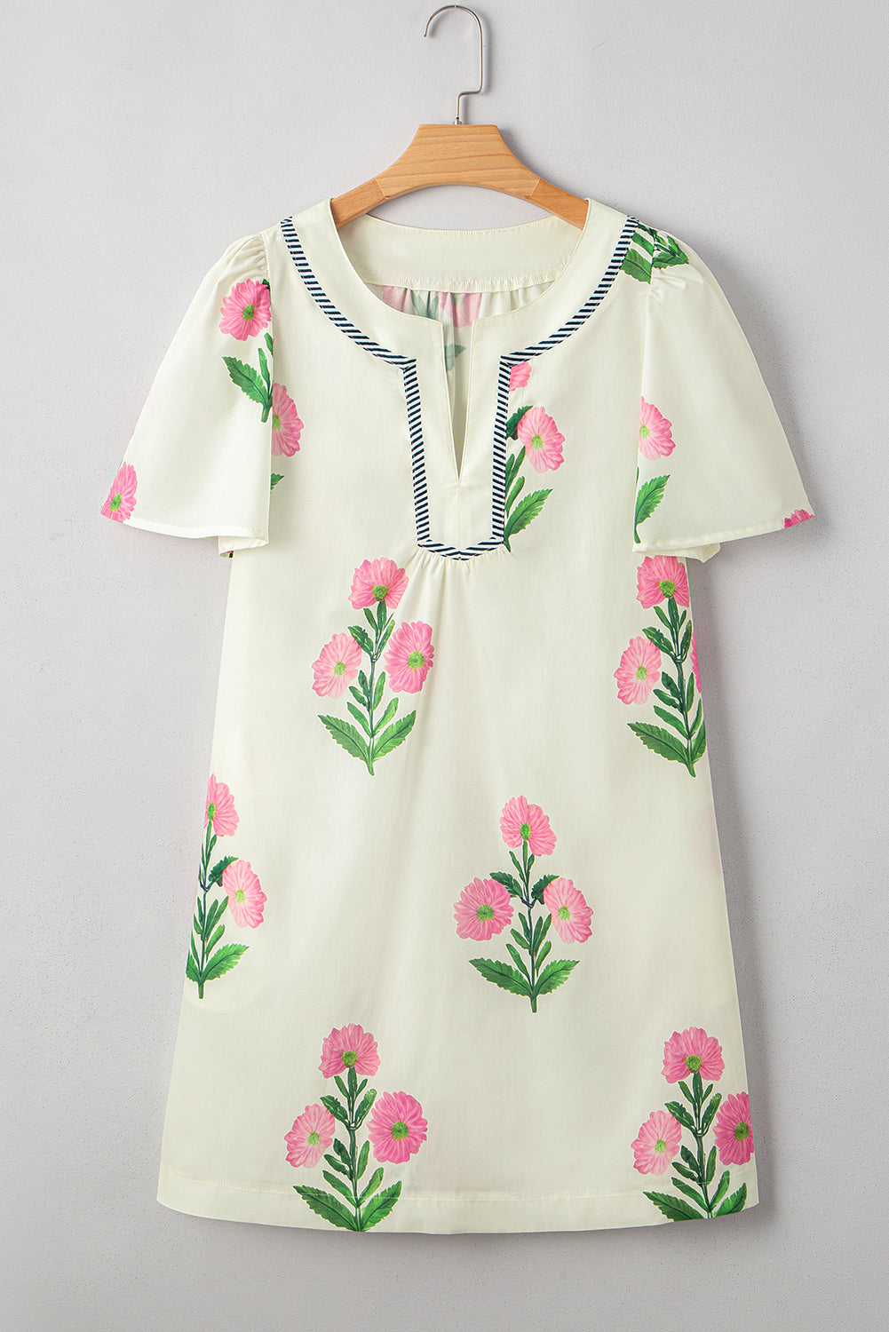 Short Sleeve Split Neck Floral Mini Dress