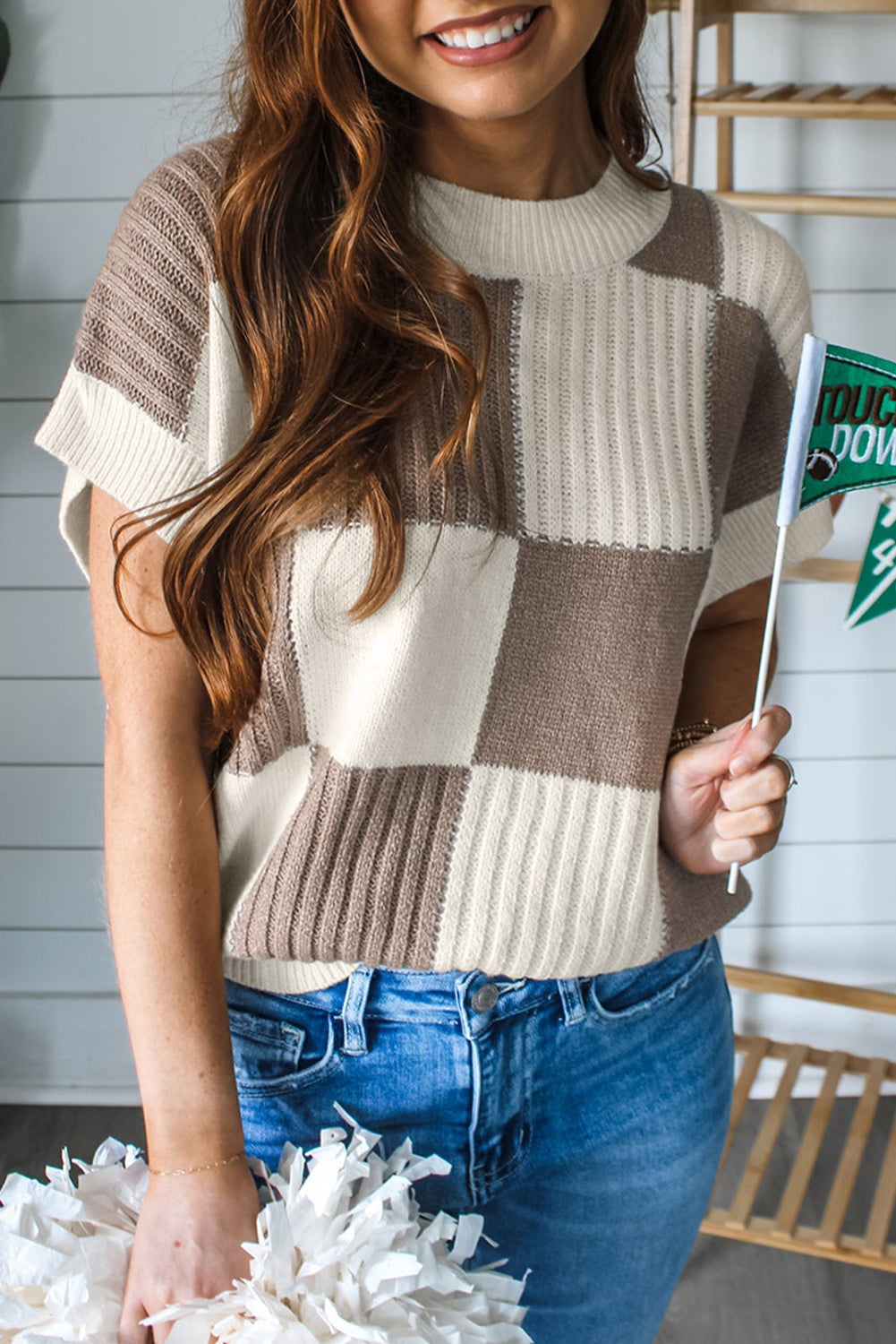 Khaki Checkered Crew Neck Short Sleeve Sweater