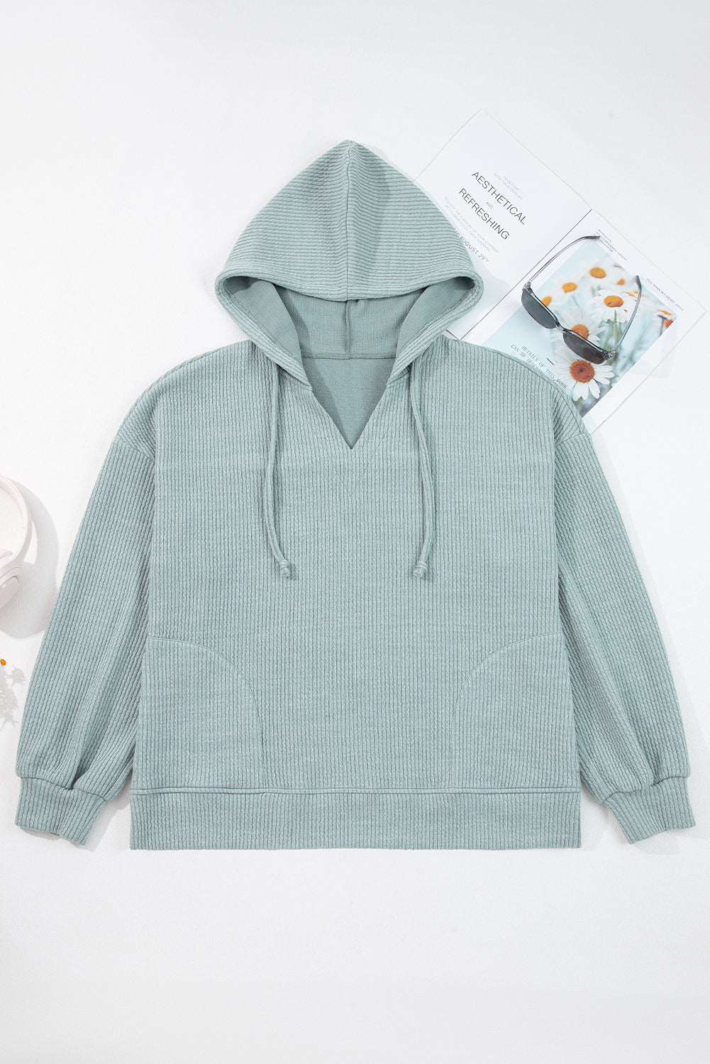 Aqua Ribbed Drop Shoulder Knit Hoodie