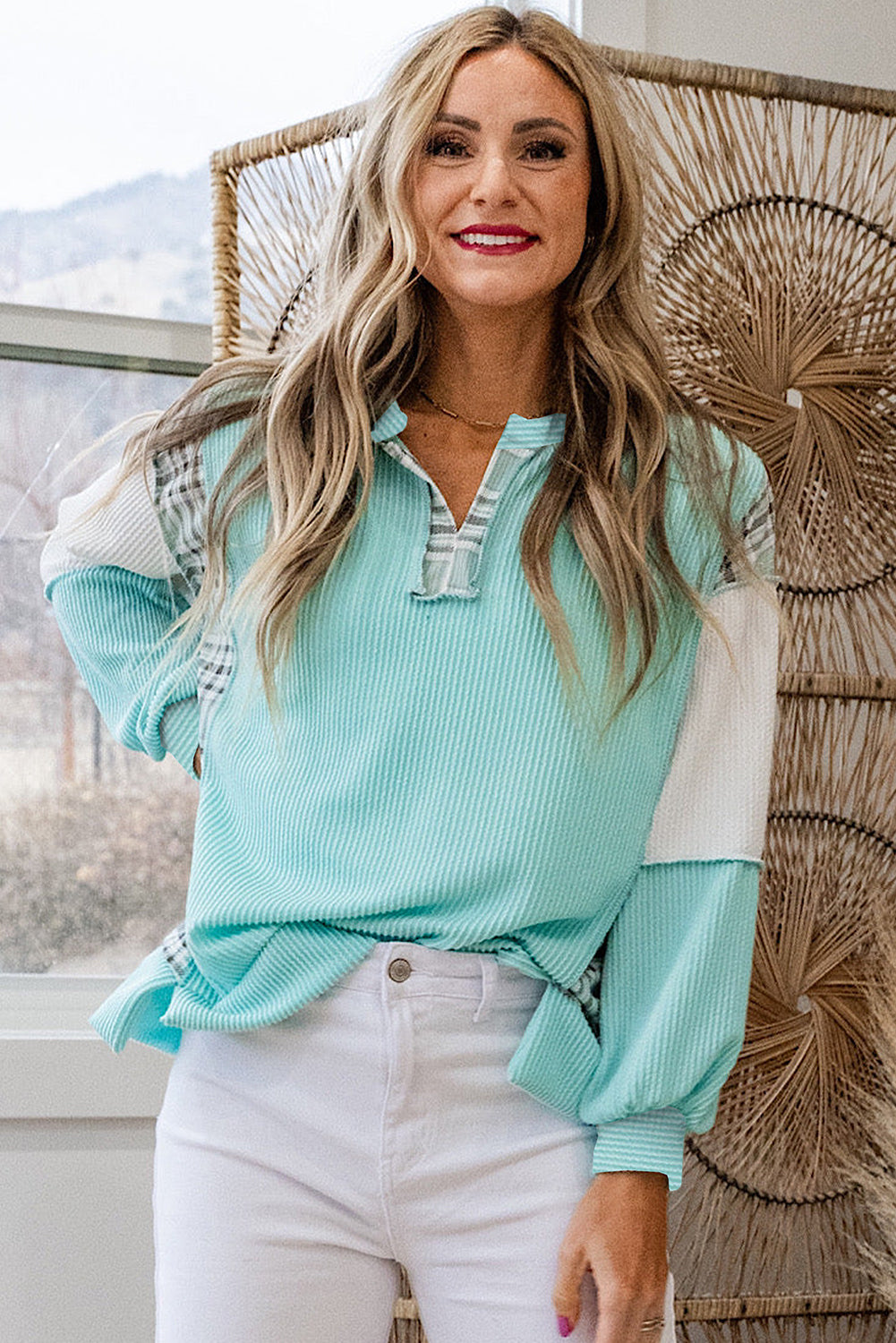Blue Split Neck Long Sleeve Top