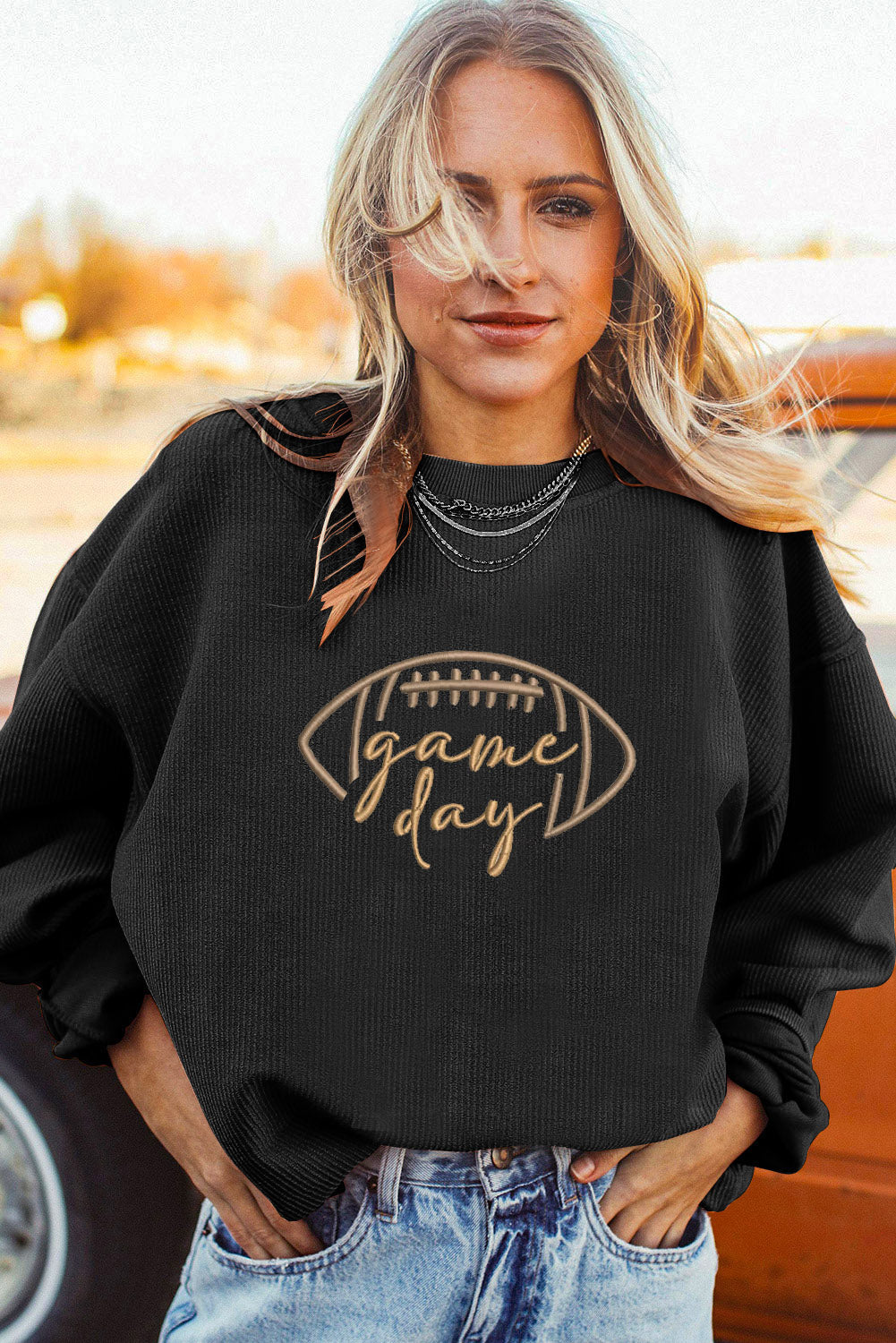 Black Football Drop Shoulder Game Day Sweatshirt