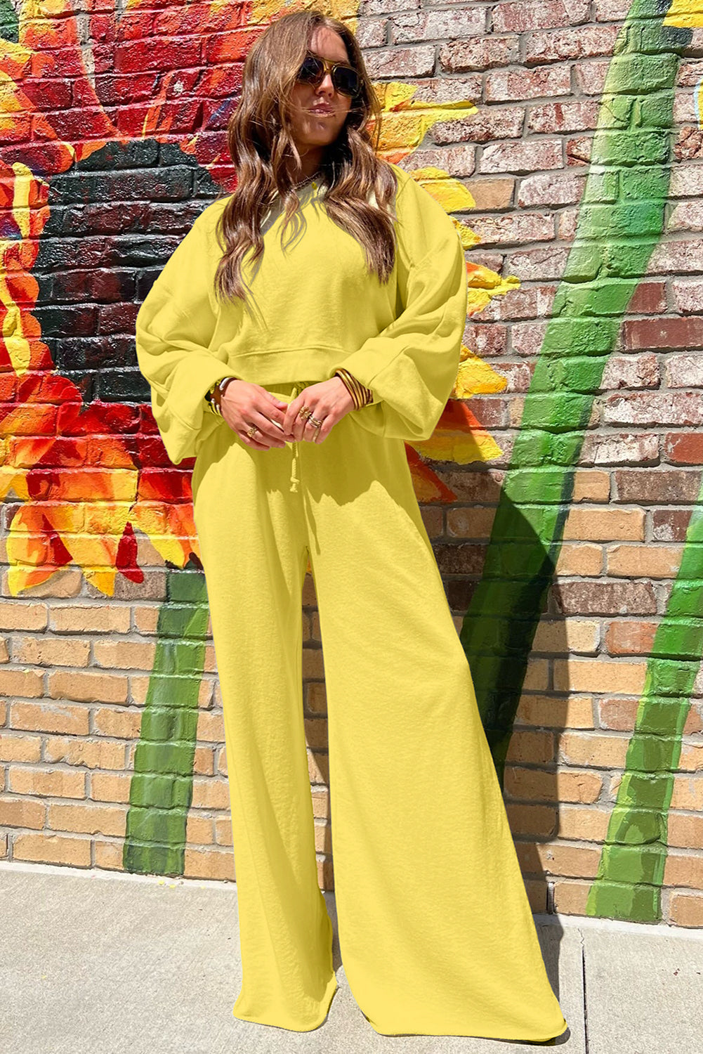 Light Pink Crop Pullover Drawstring Wide Leg Pants Set