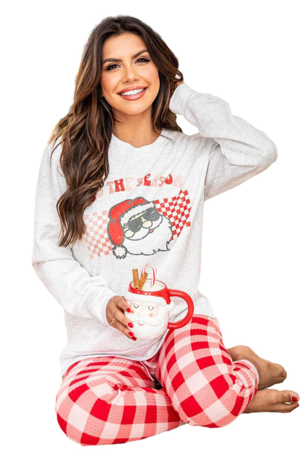 Christmas Santa Top and Plaid Pants Pajama Set