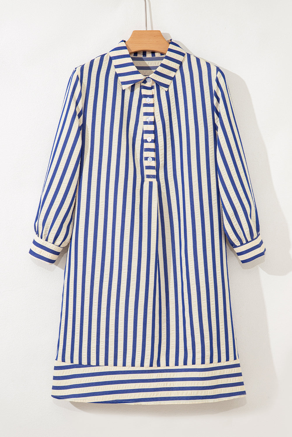 Blue Striped Collared Loose Fit Mini Dress