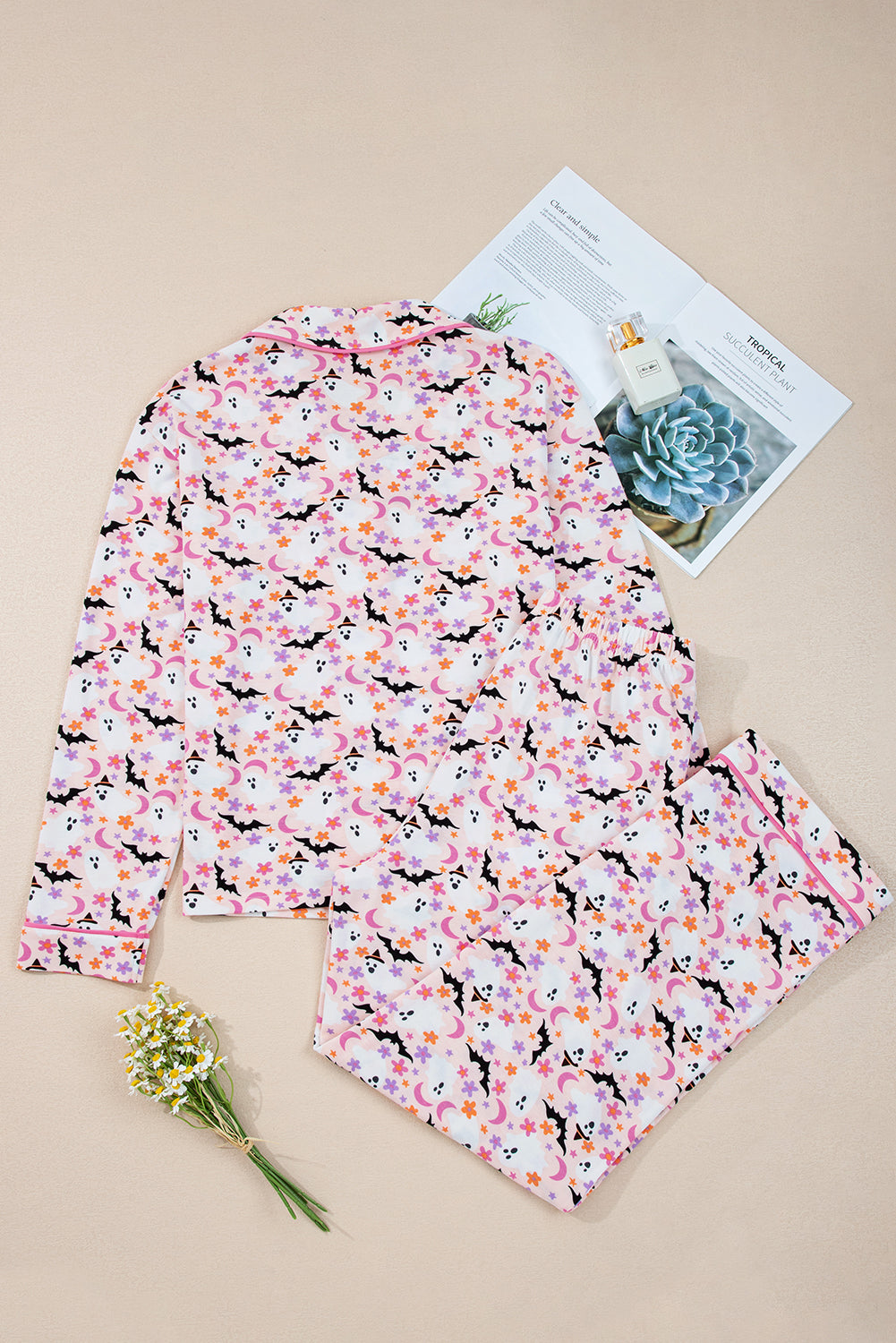 Pink Ghost Print Long Pajama Set