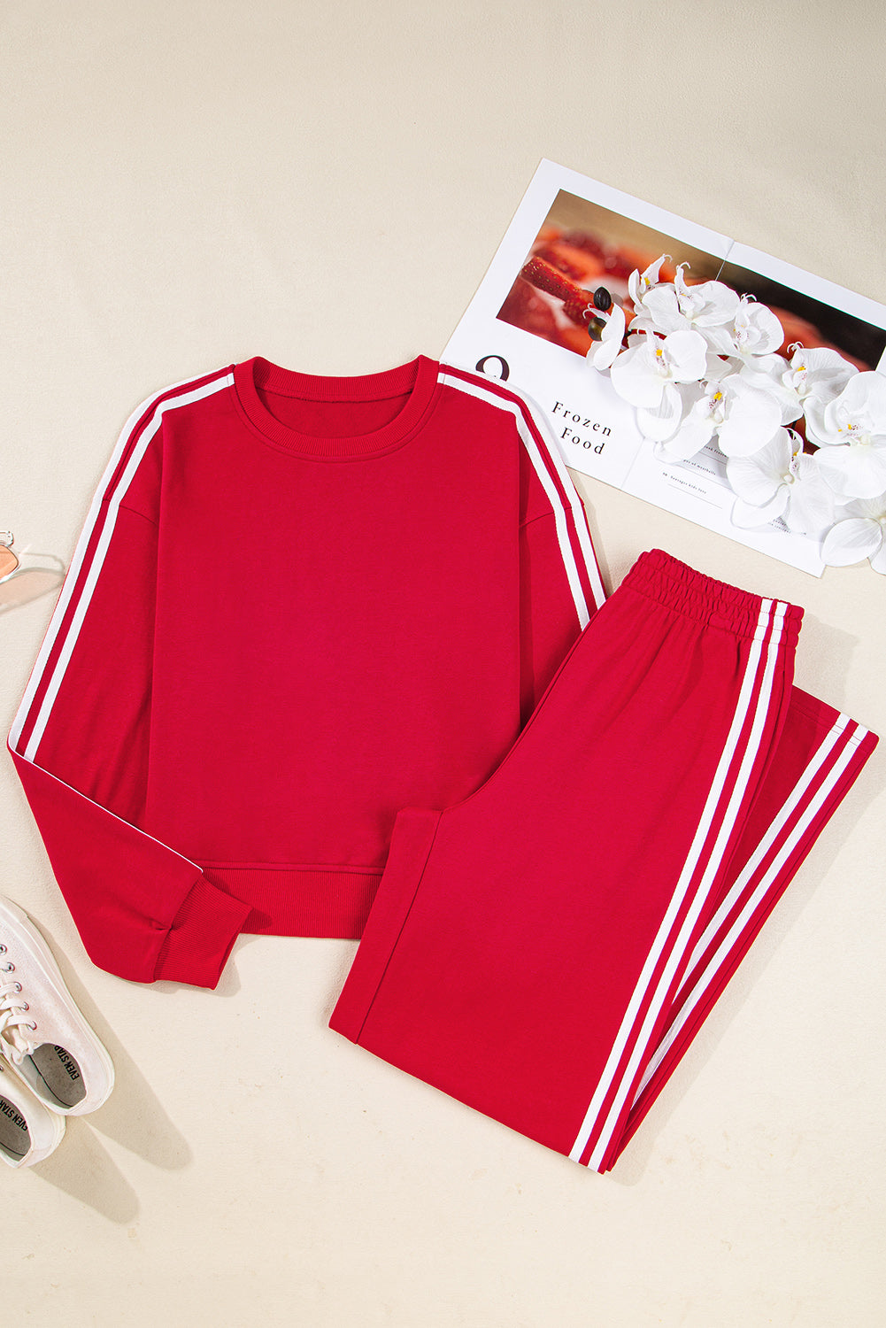 Red Varsity Striped Cropped Pullover Wide Leg Pants 2pcs Outfit