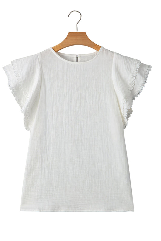 White Crinkled Layered Ruffled Flutter Sleeve Blouse