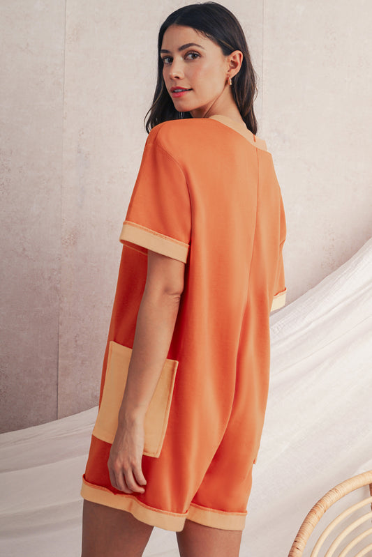 Orange Two Tone Short Sleeve V Neck Pocket Loose Romper
