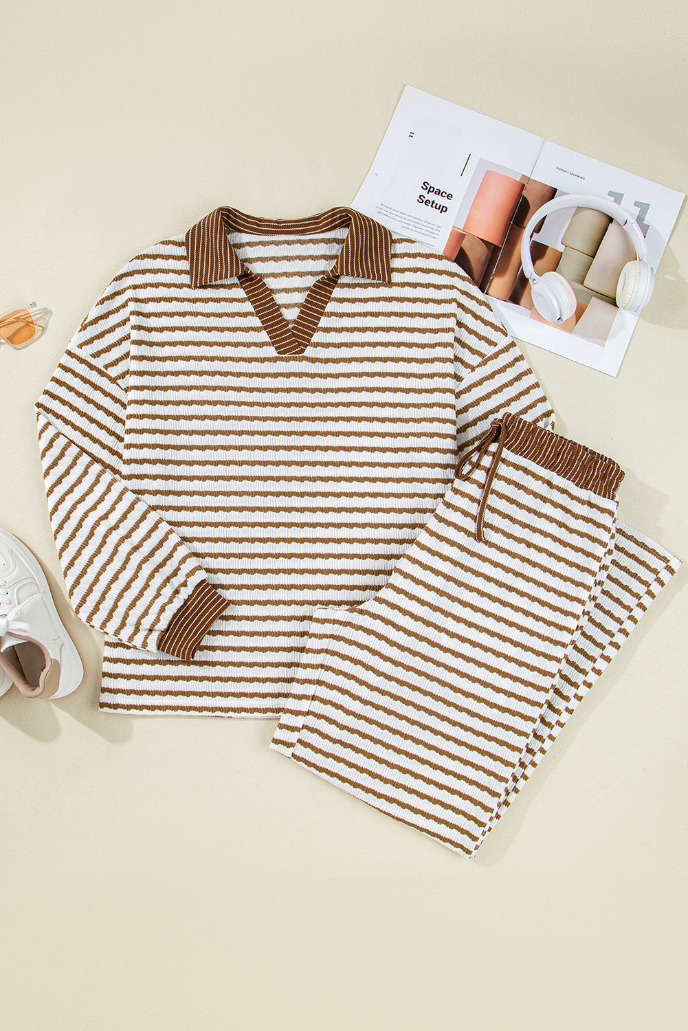 Khaki Stripe Pullover Top and Drawstring Pants Set