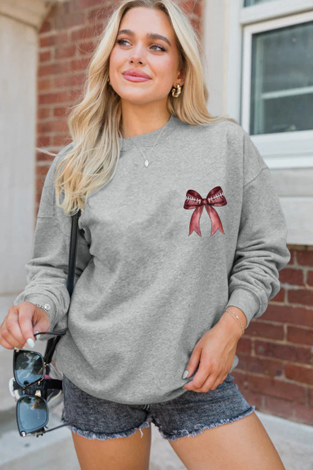 Gray Football Bow Print Pullover Sweatshirt
