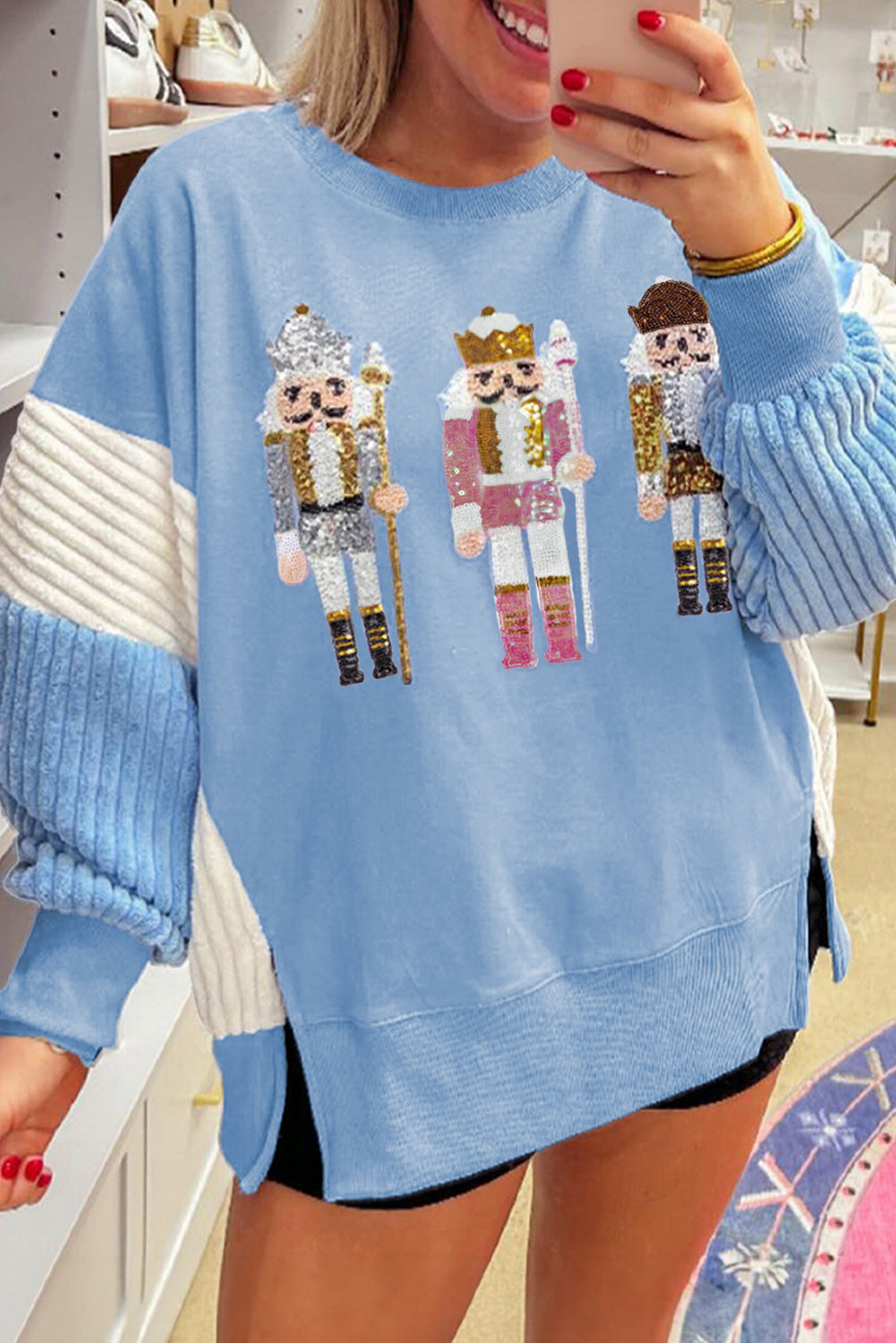 Blue Sequin Nutcracker Textured Sleeve Patchwork Sweatshirt