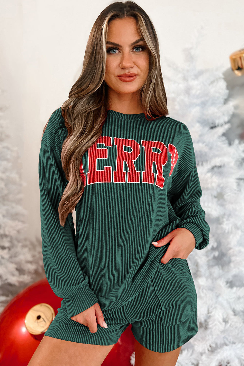 Red MERRY Long Sleeve Top and Shorts Pajama Set