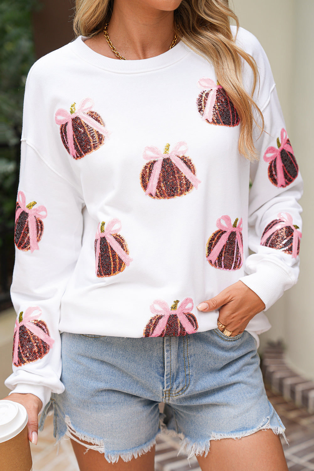 White Sequin Bow Pumpkin Baggy Sweatshirt