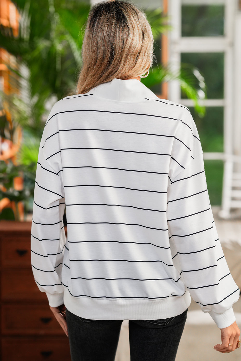 Red Striped Zipper V-Neck Drop Sleeve Top