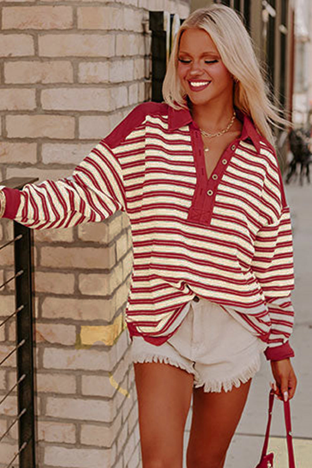 Red Stripe Collared V Neck Drop Shoulder