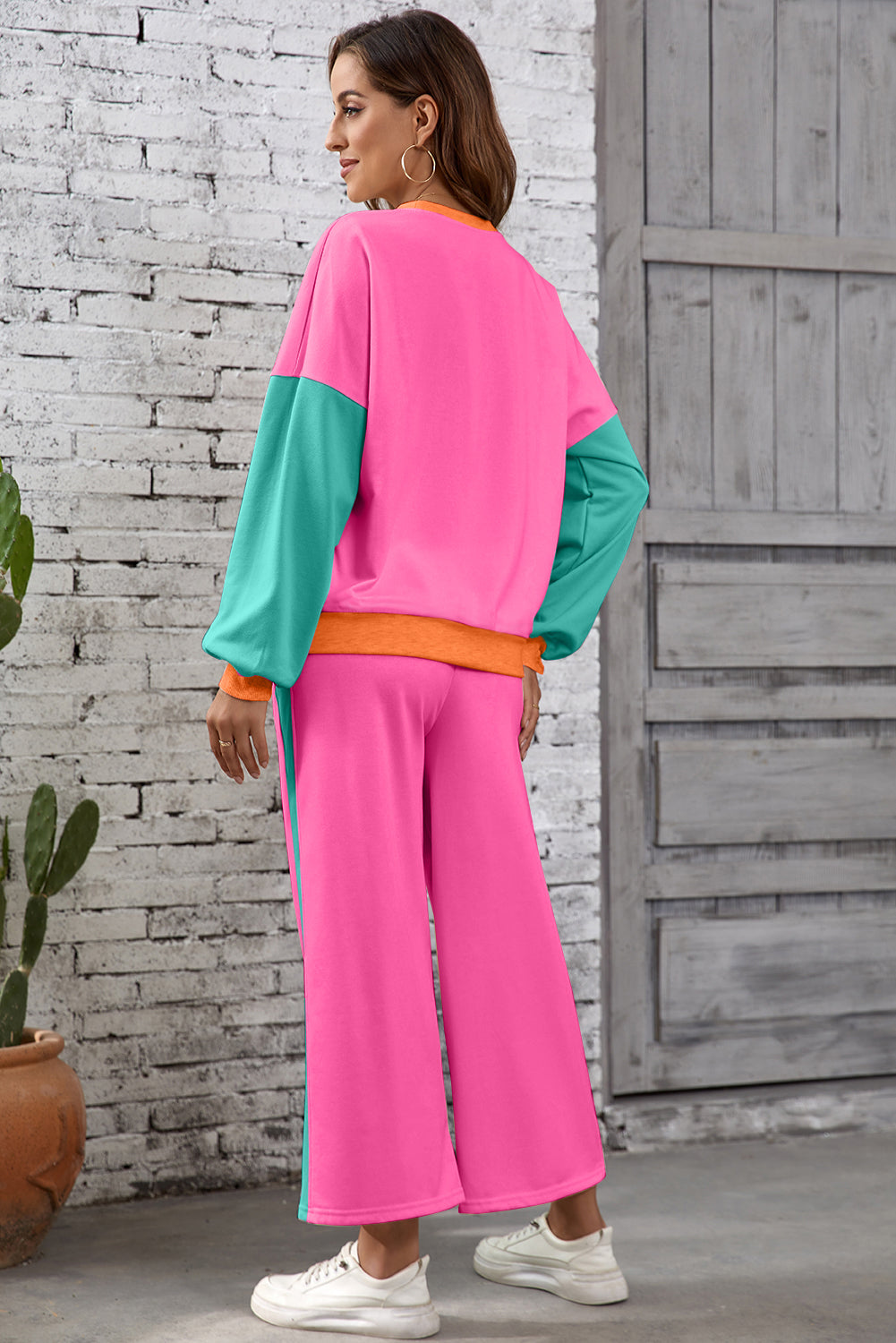 Rose Red Colorblock Patchwork Long Sleeve Top and Pants Set