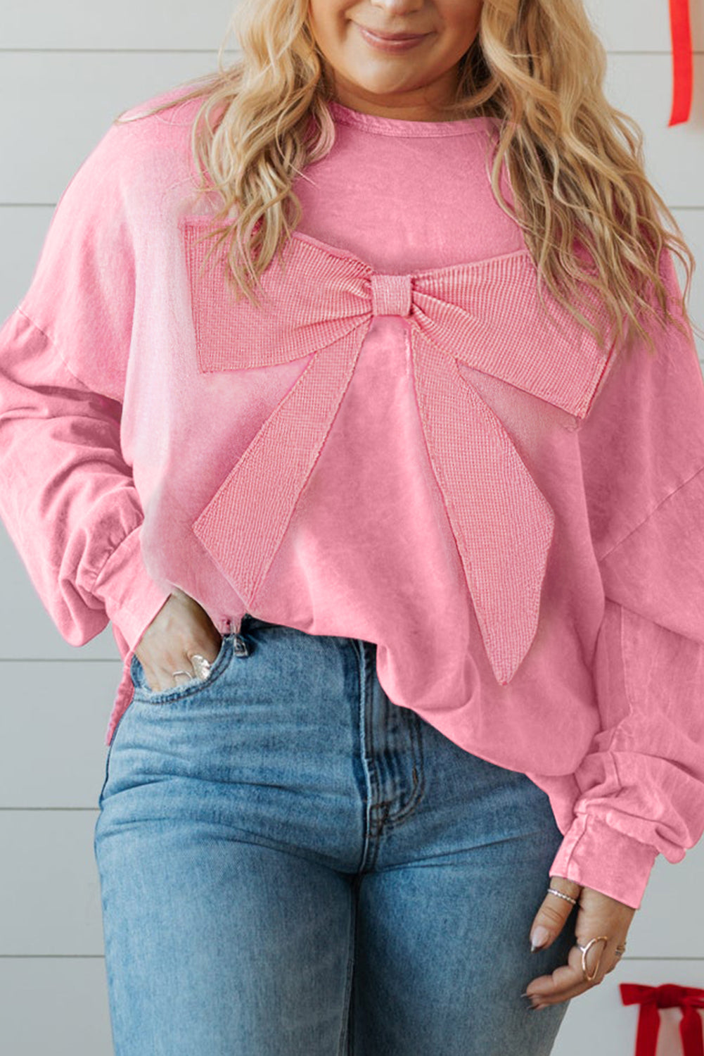 Pink Bowknot Patchwork Plus Size Top