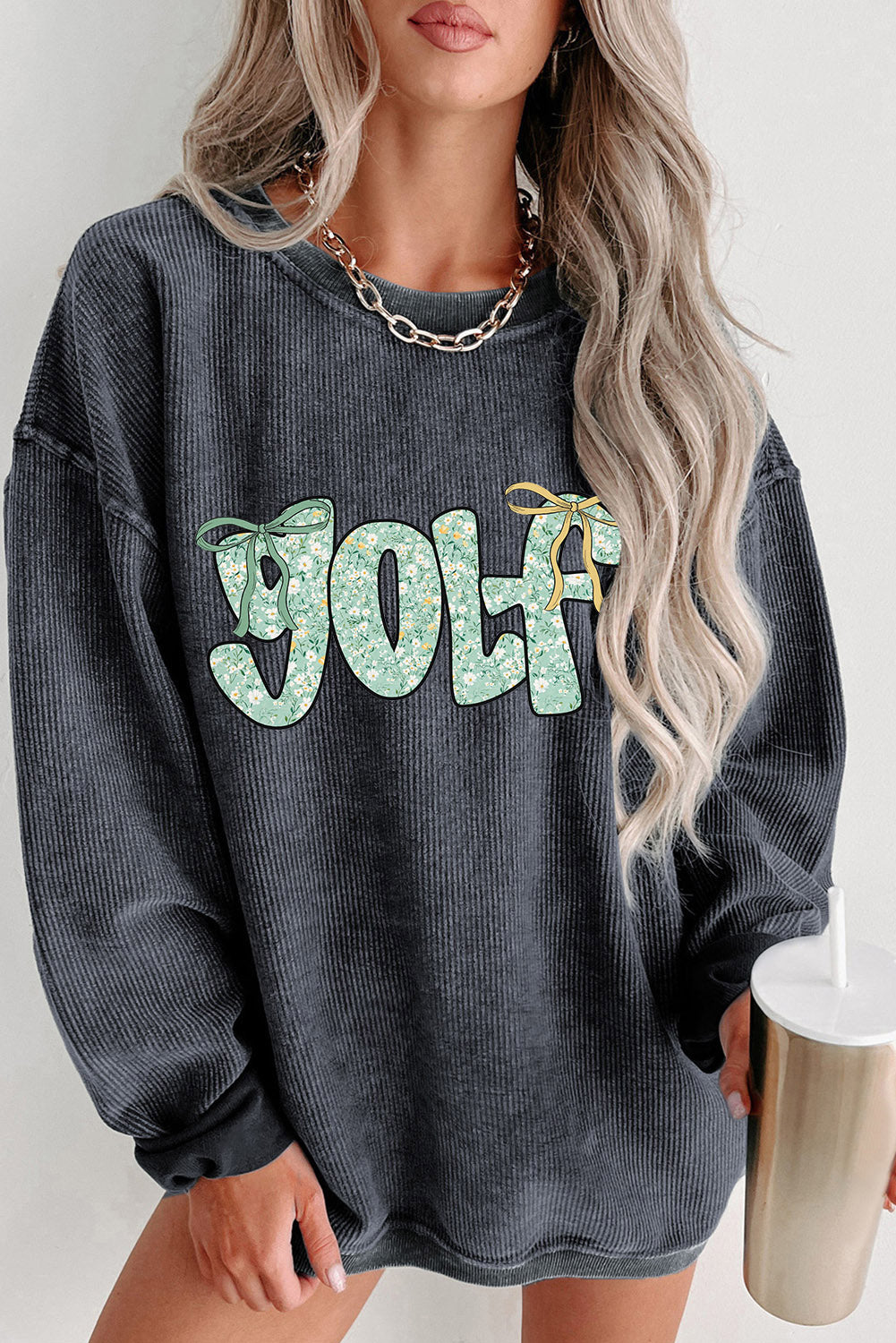 Gray Twisted Ribbed Floral GOLF Bow Printed Sweatshirt