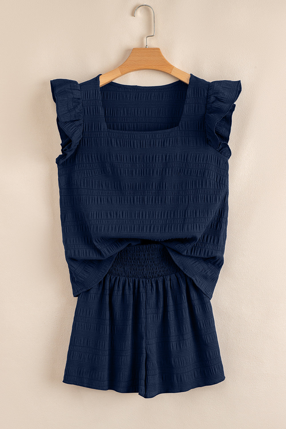 Dirty Blue Ruffle Top and Shirred High Waist Shorts Set