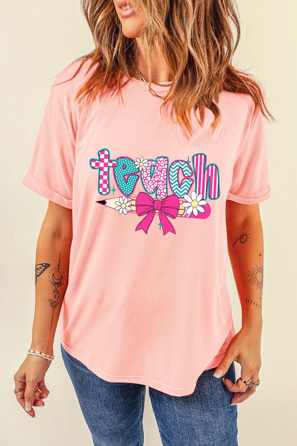 Pink Checkered teach and Bow Pencil Graphic T Shirt