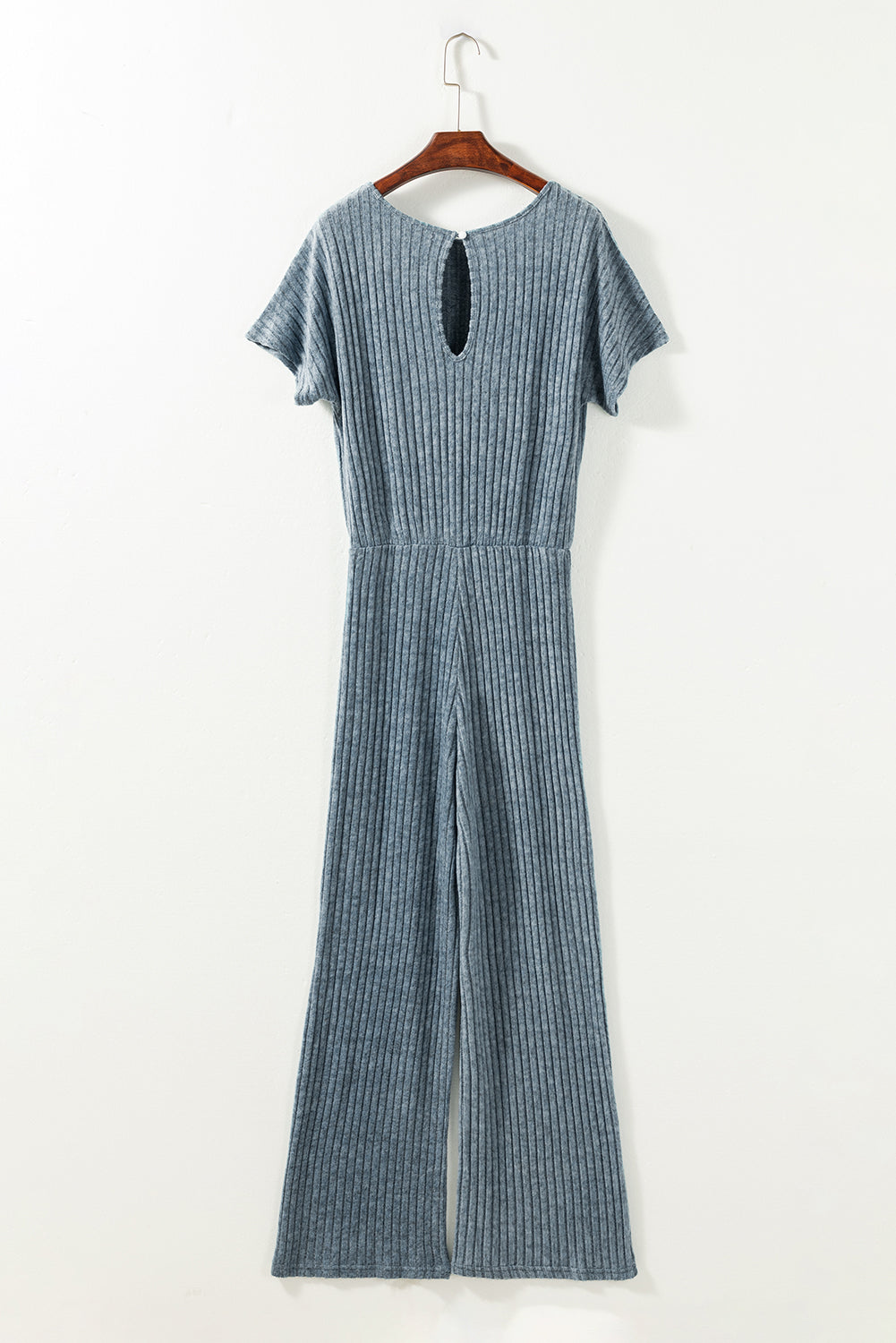 Blue Ribbed Short Sleeve Wide Leg Jumpsuit